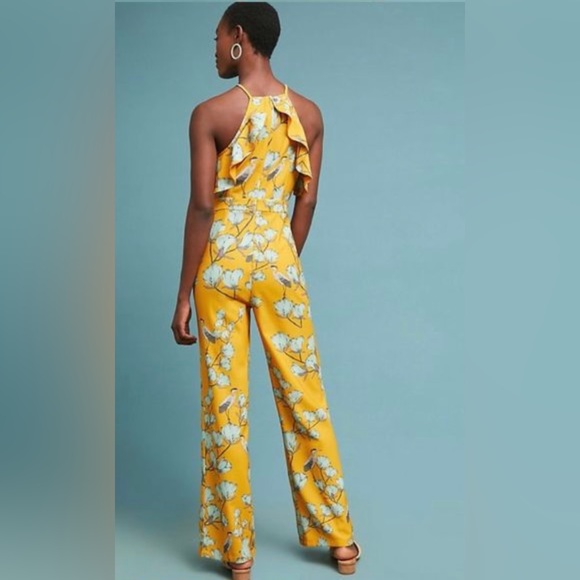 Varun Bahl Warbler Ruffle Jumpsuit Yellow Motif Anthropologie size 0 - Picture 2 of 16